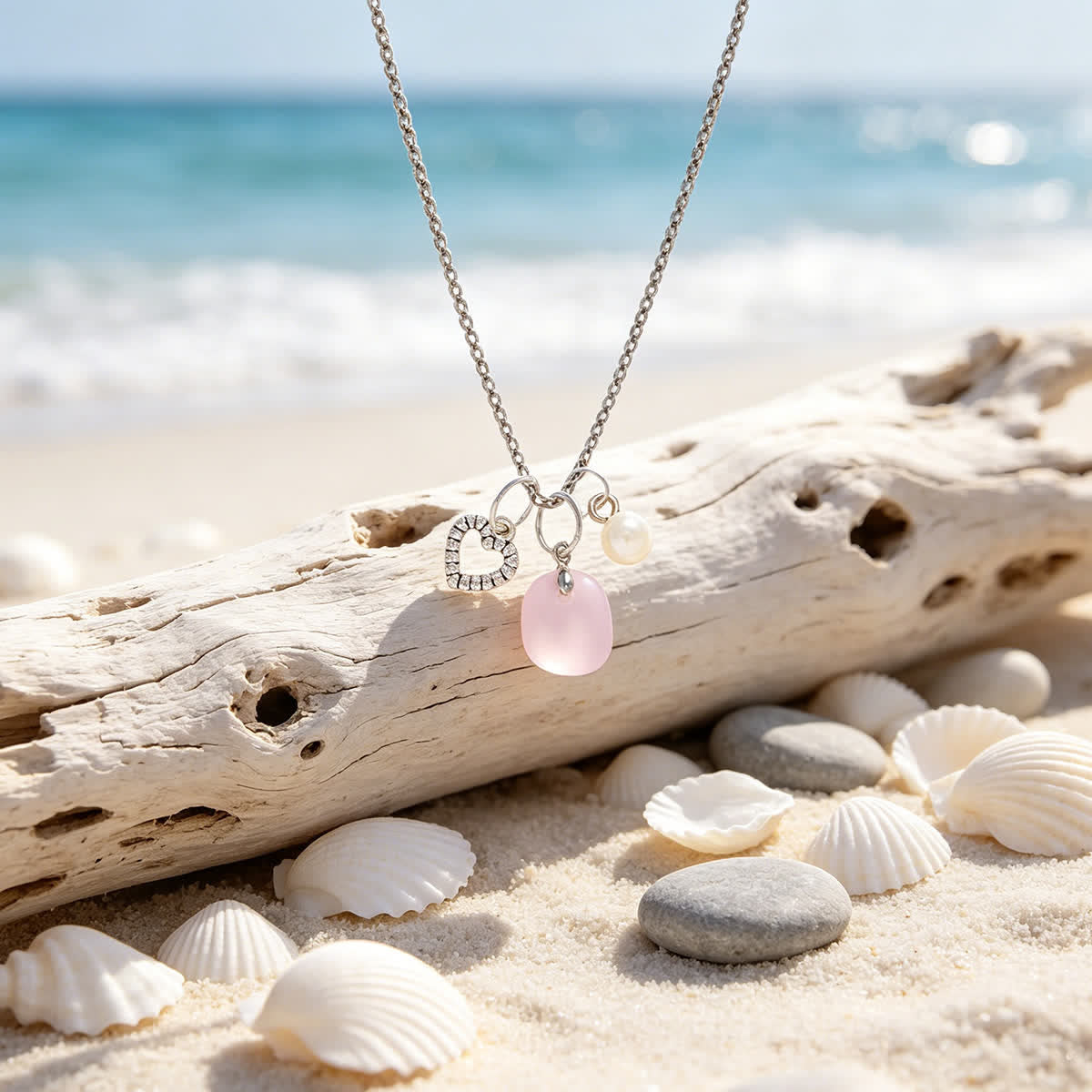 Crystal Heart & Pearl Blush Pink Sea Glass Necklace - image 5