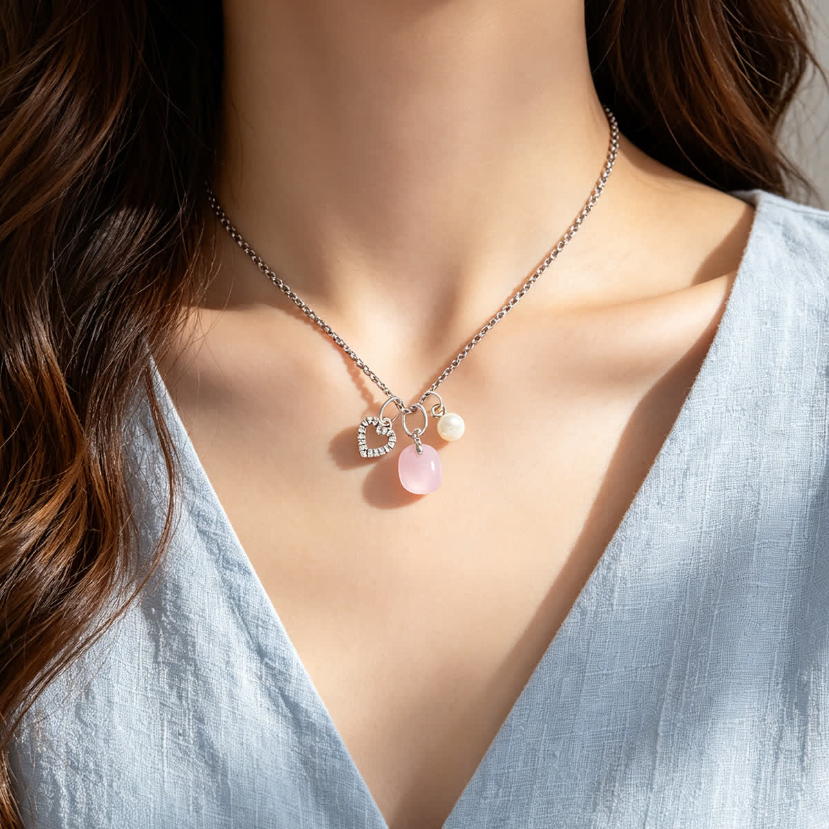 Crystal Heart & Pearl Blush Pink Sea Glass Necklace - image 4
