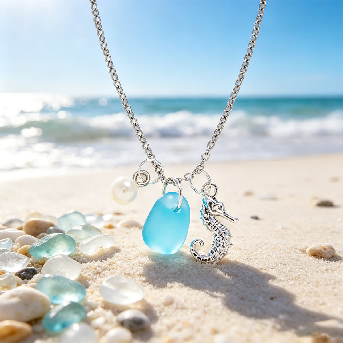 Aqua Sea Glass Seahorse & Pearl Silver Charm Necklace - Silver - image 0