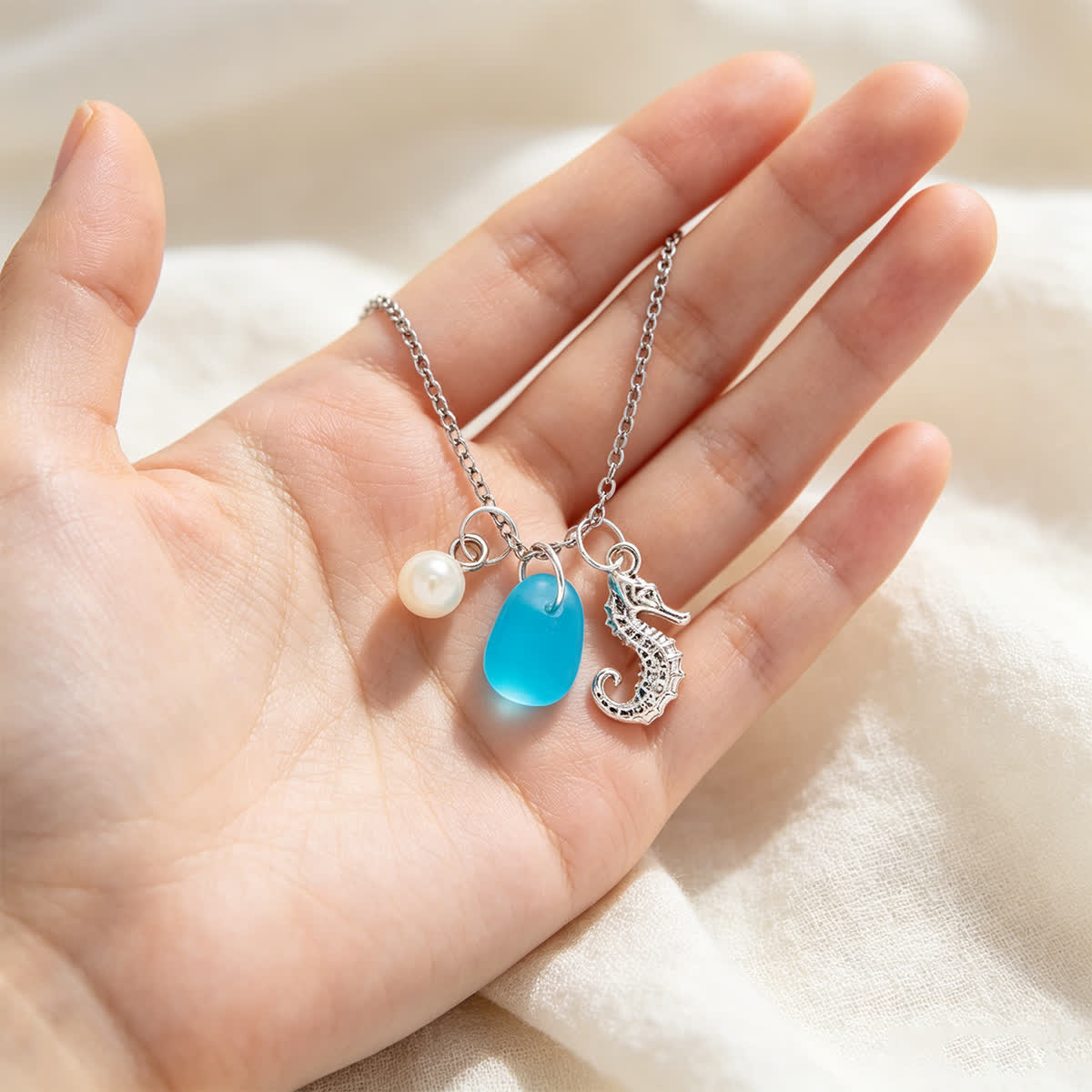 Aqua Sea Glass Seahorse & Pearl Silver Charm Necklace - image 3