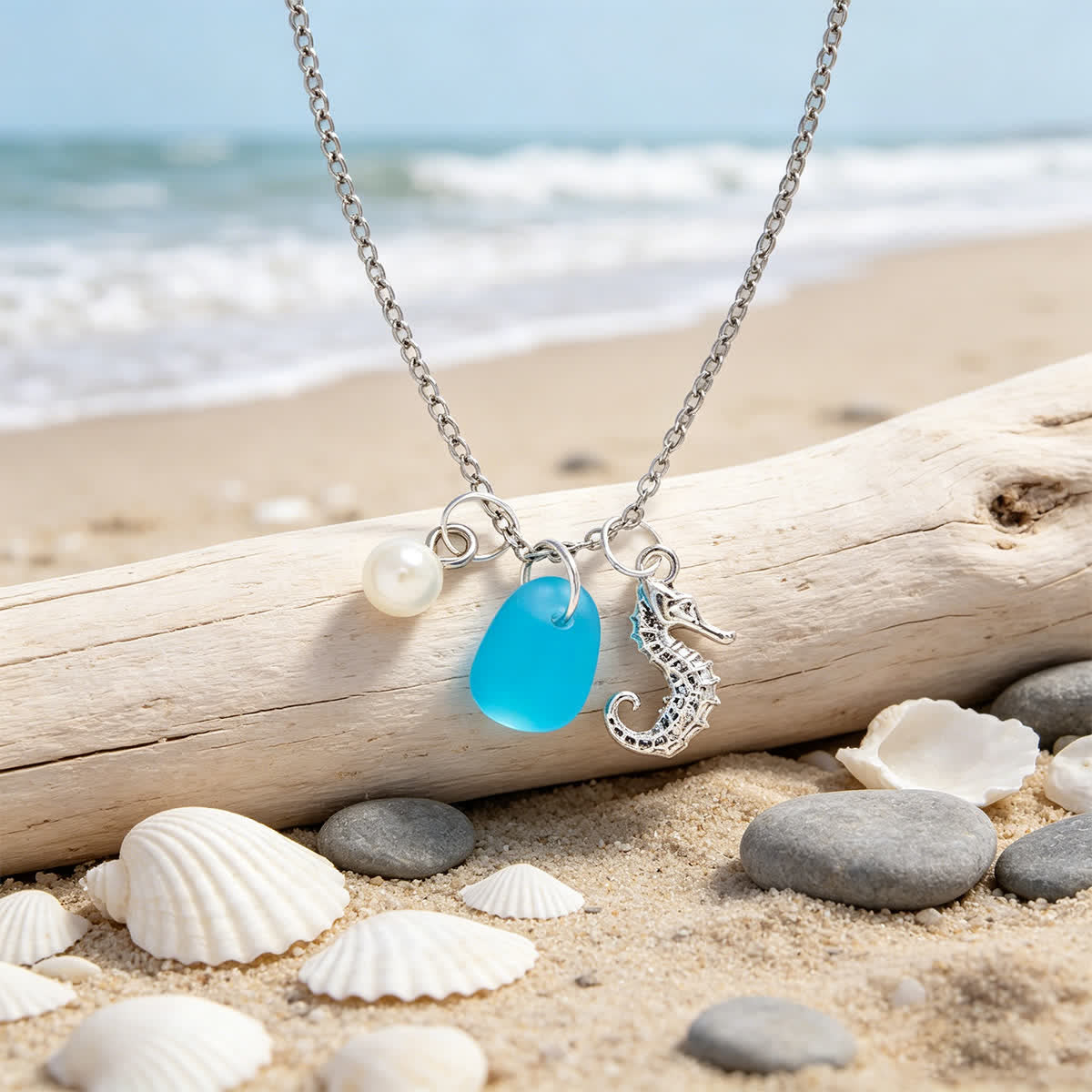 Aqua Sea Glass Seahorse & Pearl Silver Charm Necklace - image 5
