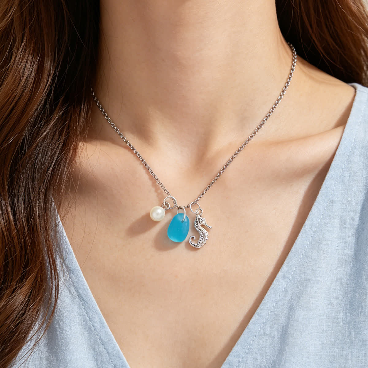 Aqua Sea Glass Seahorse & Pearl Silver Charm Necklace - image 4
