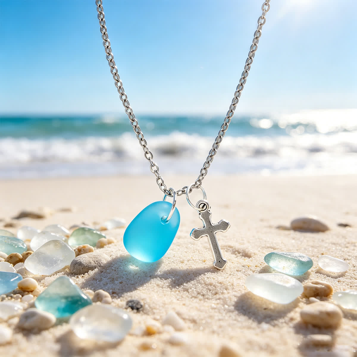 Coastal Faith Cross Charm Aqua Sea Glass Necklace - Silver - image 0