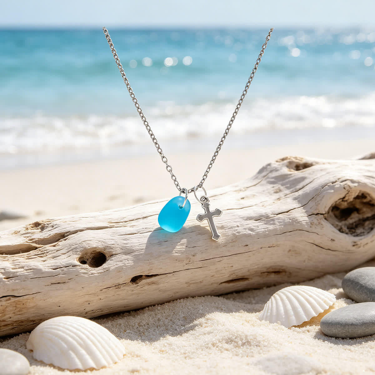 Coastal Faith Cross Charm Aqua Sea Glass Necklace - image 5