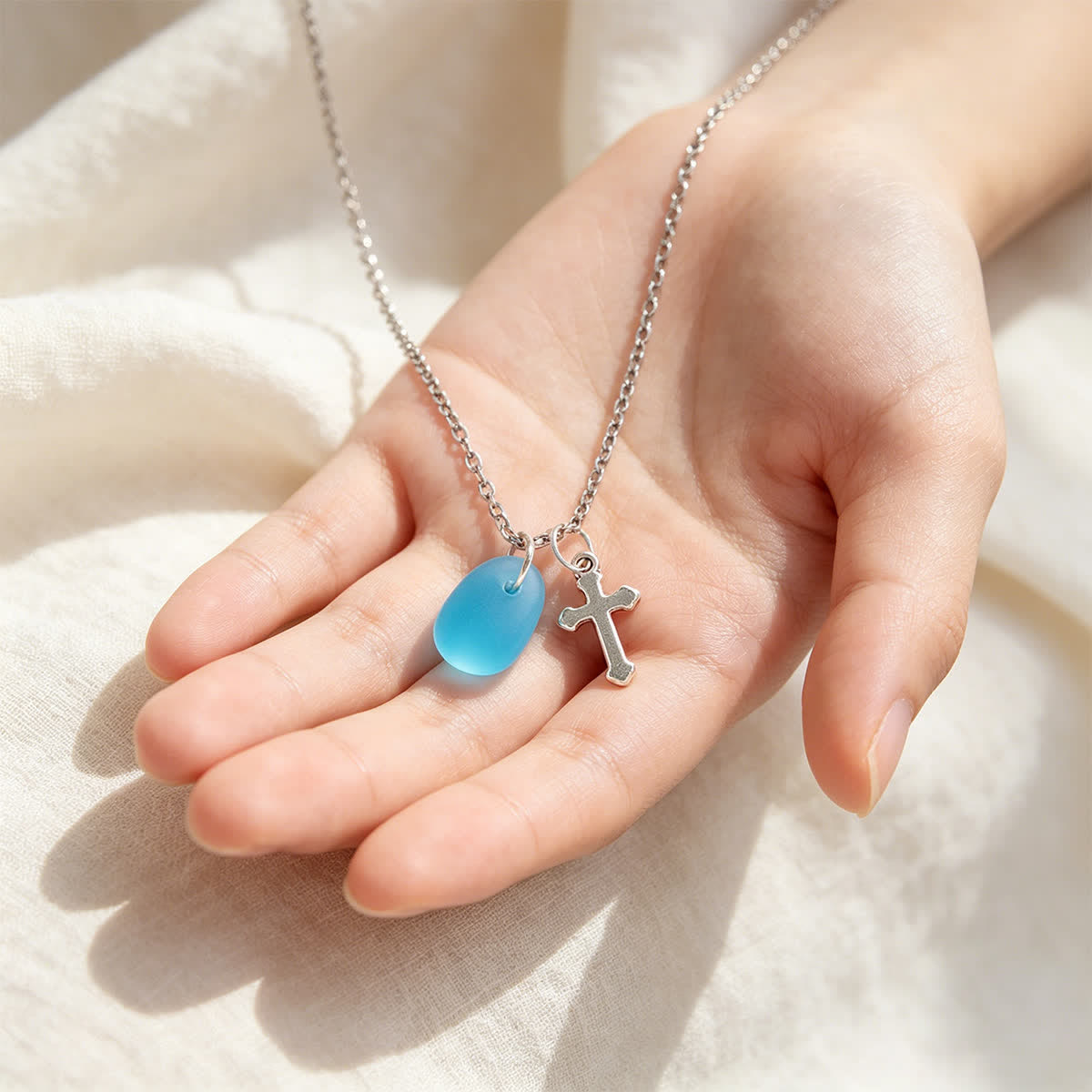 Coastal Faith Cross Charm Aqua Sea Glass Necklace - image 3