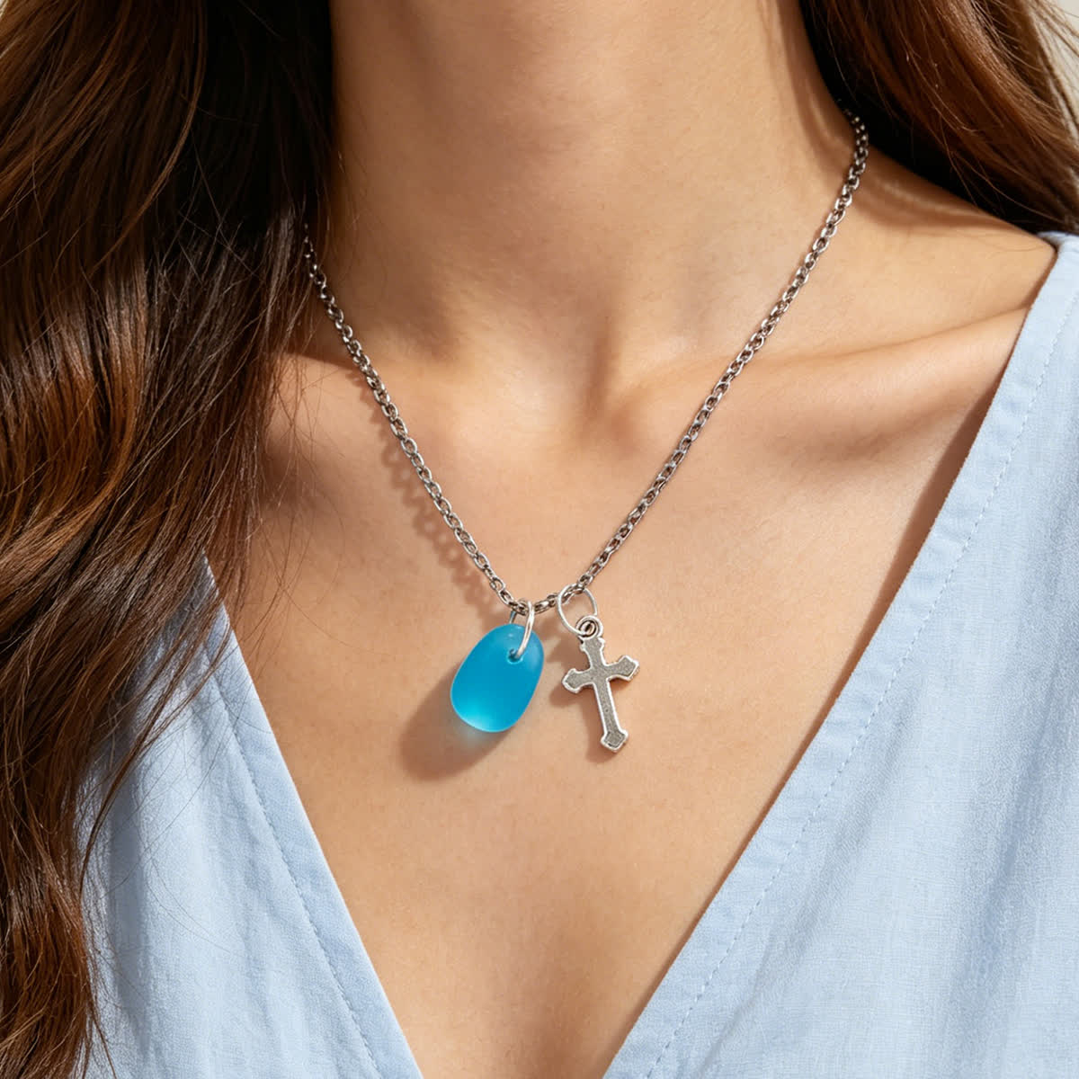 Coastal Faith Cross Charm Aqua Sea Glass Necklace - image 4