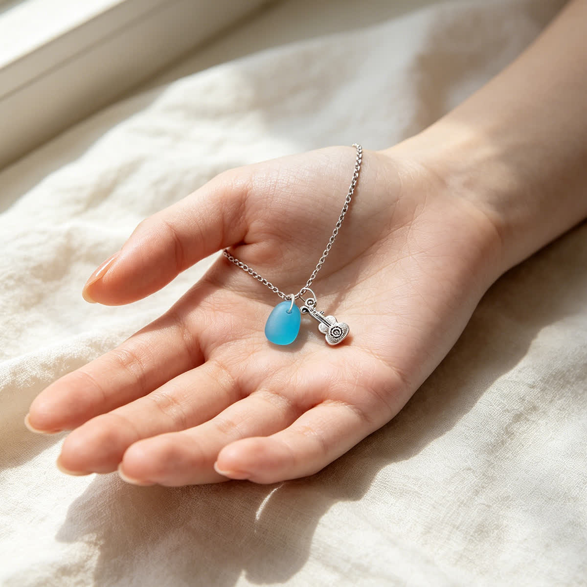 Melody Aqua Sea Glass Guitar Pendant Necklace - image 3