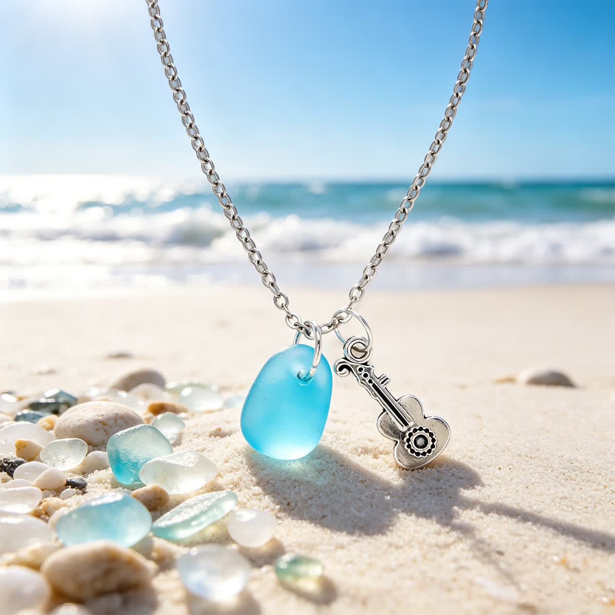 Melody Aqua Sea Glass Guitar Pendant Necklace - Silver - image 0