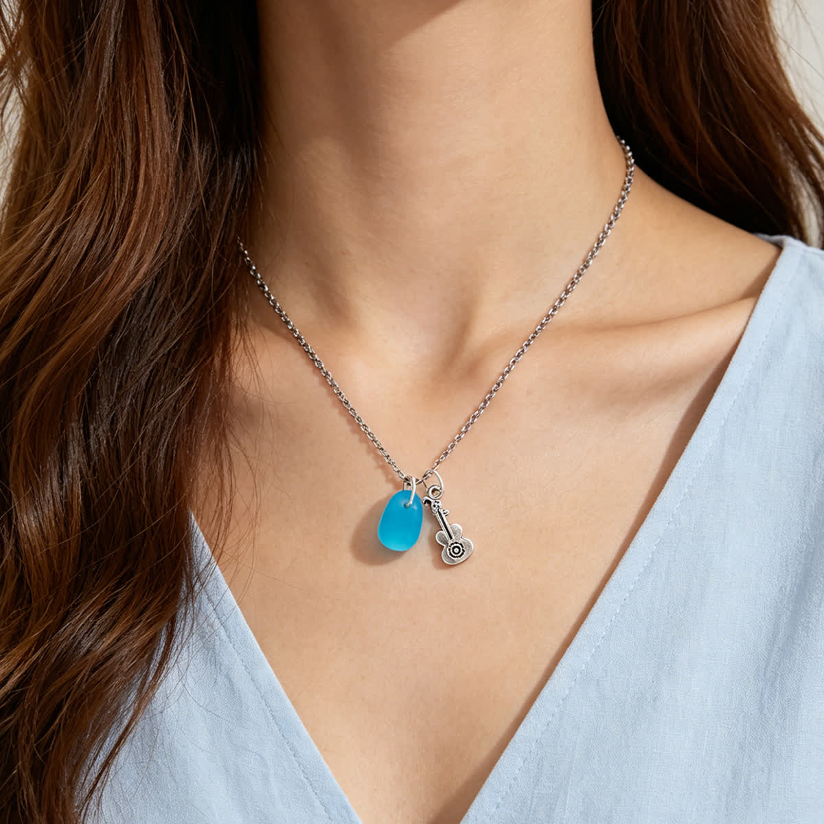 Melody Aqua Sea Glass Guitar Pendant Necklace - image 4