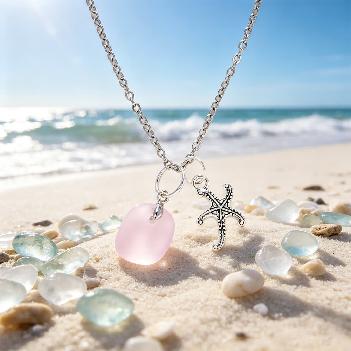 Starfish Kisses Blush Pink Sea Glass Necklace - Silver - image 0
