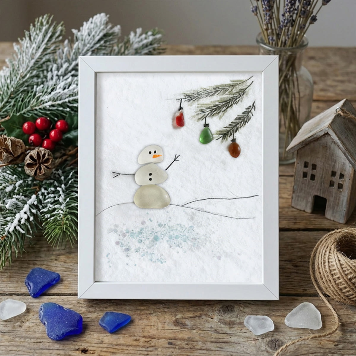 Festive Frost Delight Snowman Sea Glass Framed Art - White - 8" X 6" - image 13