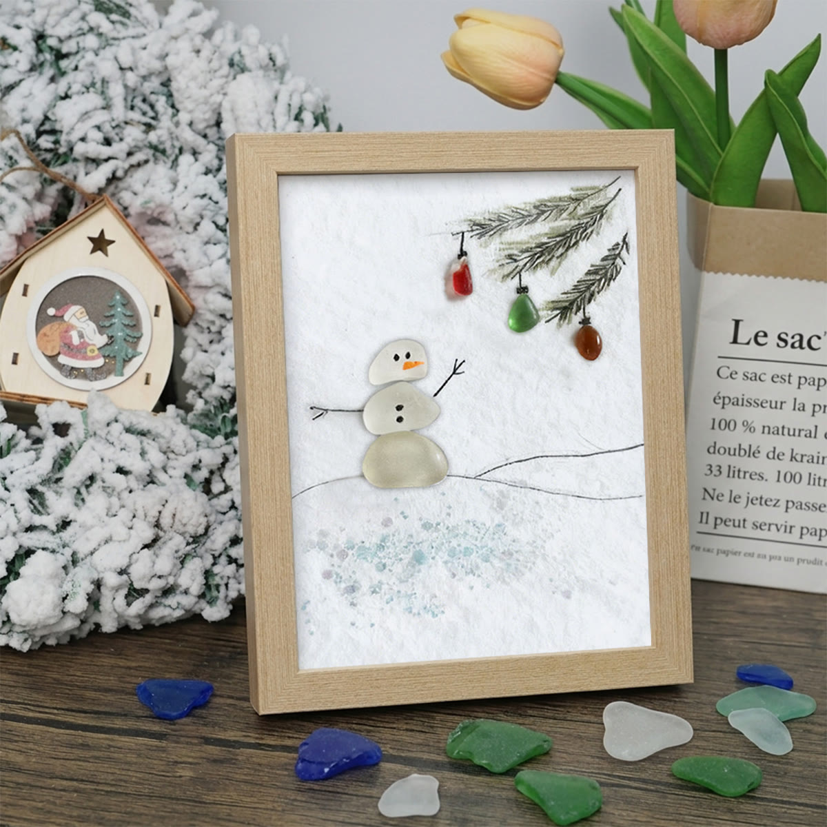 Festive Frost Delight Snowman Sea Glass Framed Art - Oak - 8" X 6" - image 10