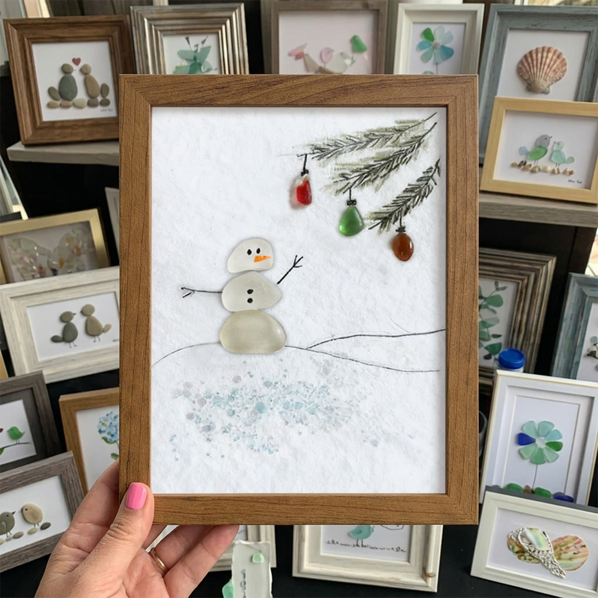 Festive Frost Delight Snowman Sea Glass Framed Art - Walnut Brown - 8" X 6" - image 11