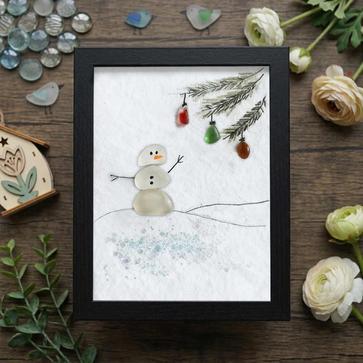 Festive Frost Delight Snowman Sea Glass Framed Art - Black - 8" X 6" - image 12