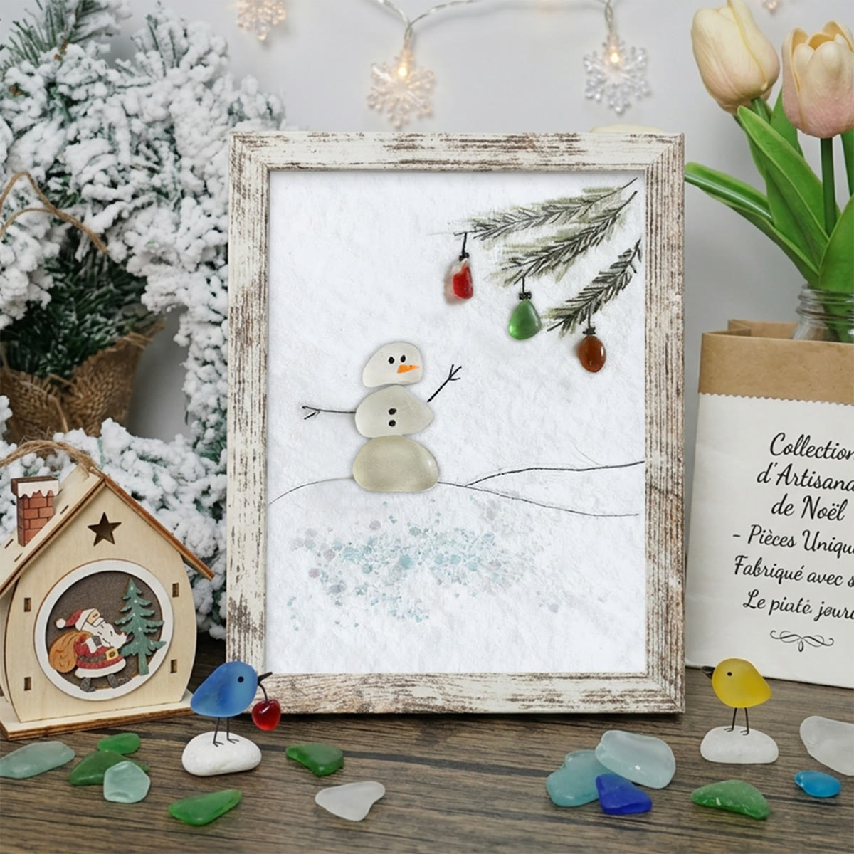 Festive Frost Delight Snowman Sea Glass Framed Art - Retro White - 8" X 6" - image 14