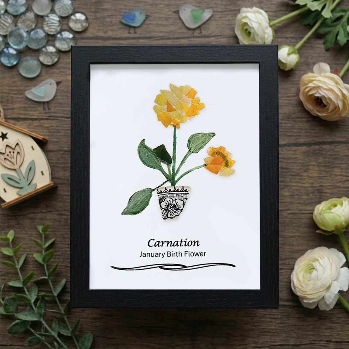 January Birth Flower Carnation Sea Glass Framed Art - Black - 8" X 6" - image 11