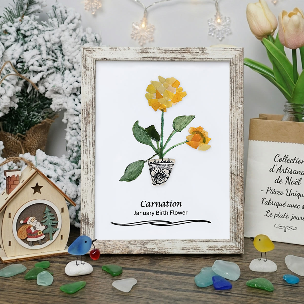 January Birth Flower Carnation Sea Glass Framed Art - Retro White - 8" X 6" - image 13