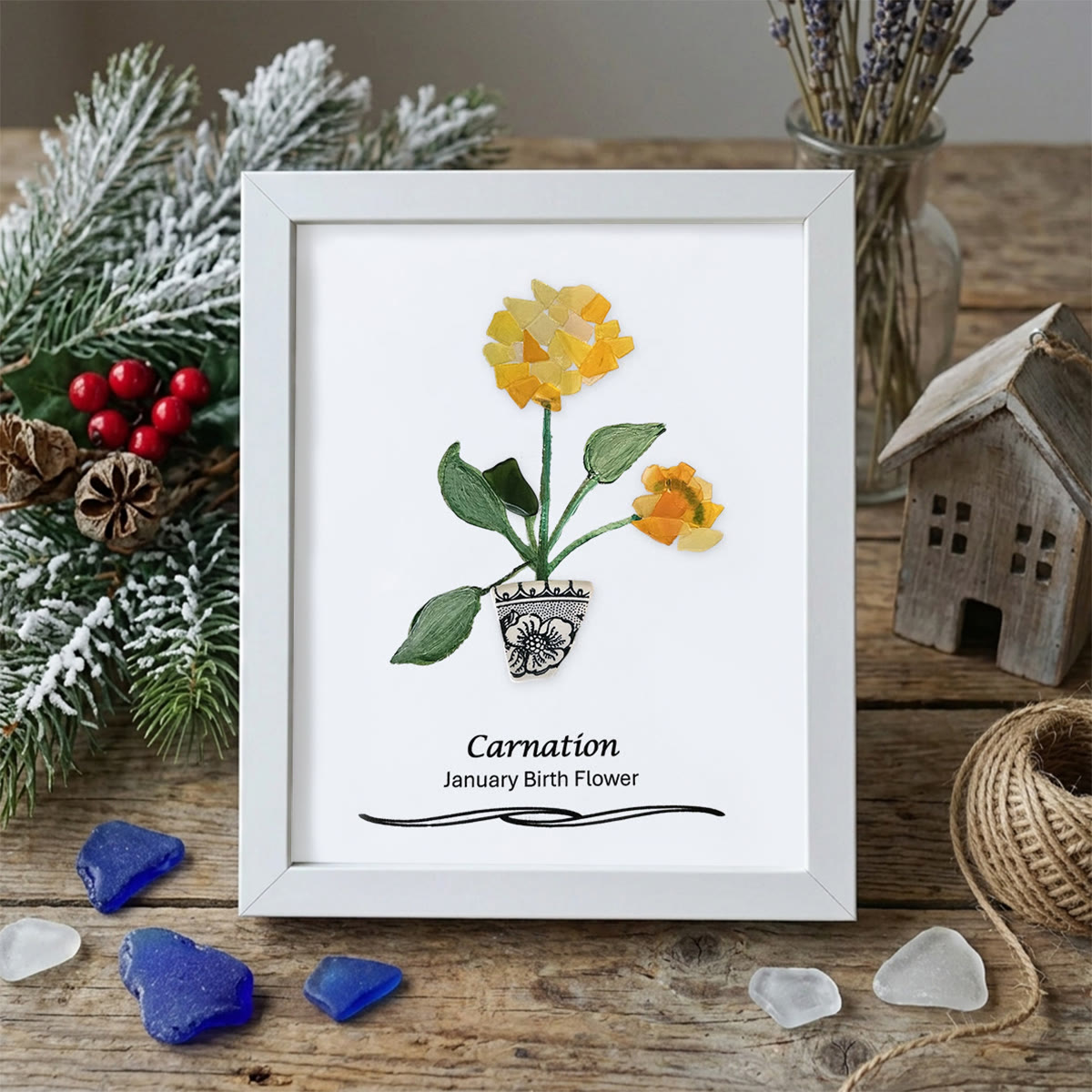 January Birth Flower Carnation Sea Glass Framed Art - White - 8" X 6" - image 12