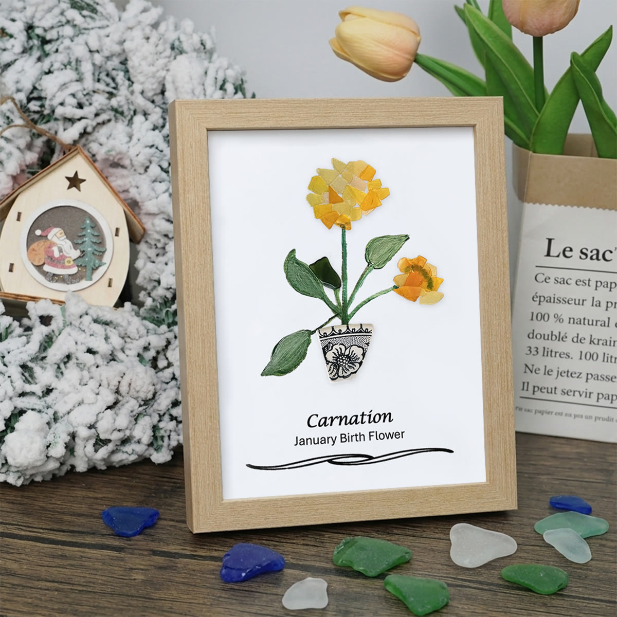 January Birth Flower Carnation Sea Glass Framed Art - Oak - 8" X 6" - image 9