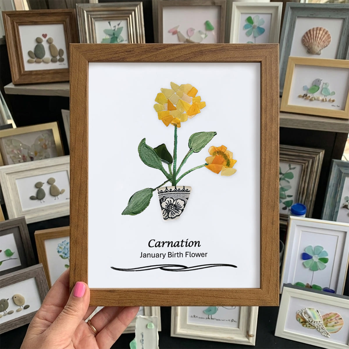 January Birth Flower Carnation Sea Glass Framed Art - Walnut Brown - 8" X 6" - image 10