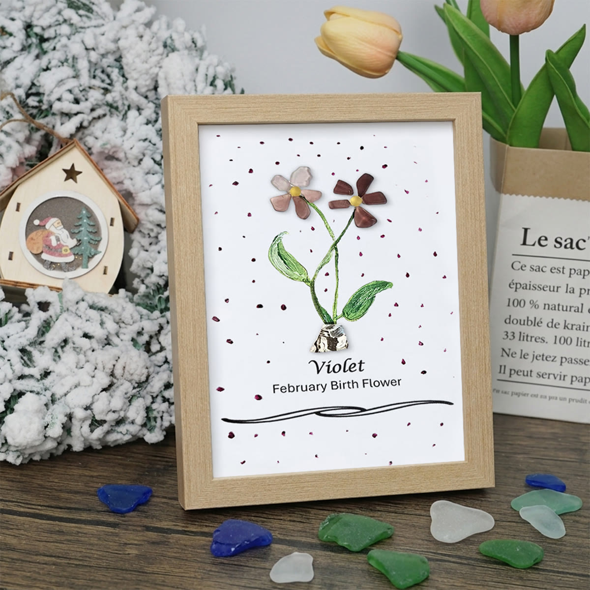 February Birth Flower Violet Sea Glass Framed Art - Oak - 8" X 6" - image 9