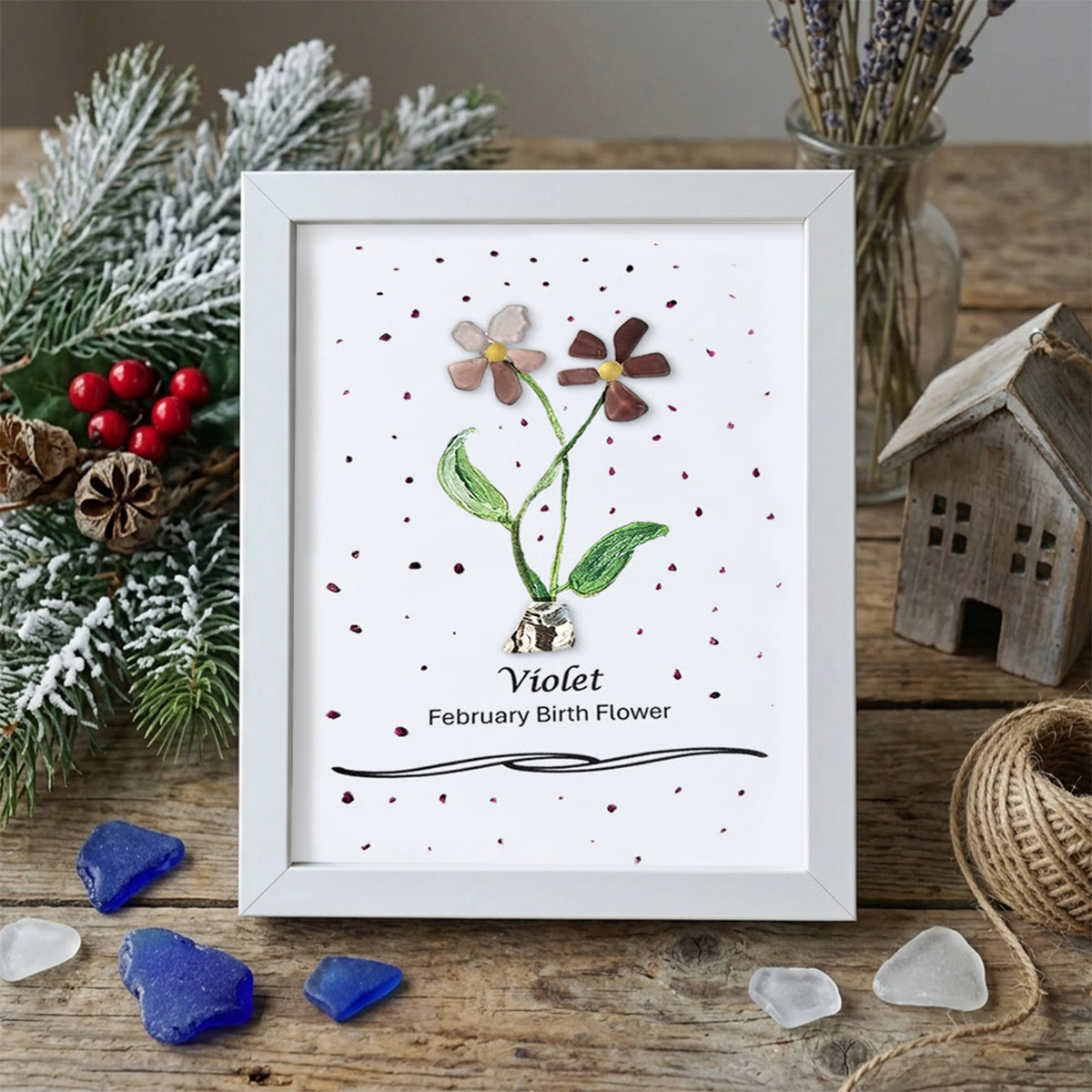 February Birth Flower Violet Sea Glass Framed Art - White - 8" X 6" - image 12