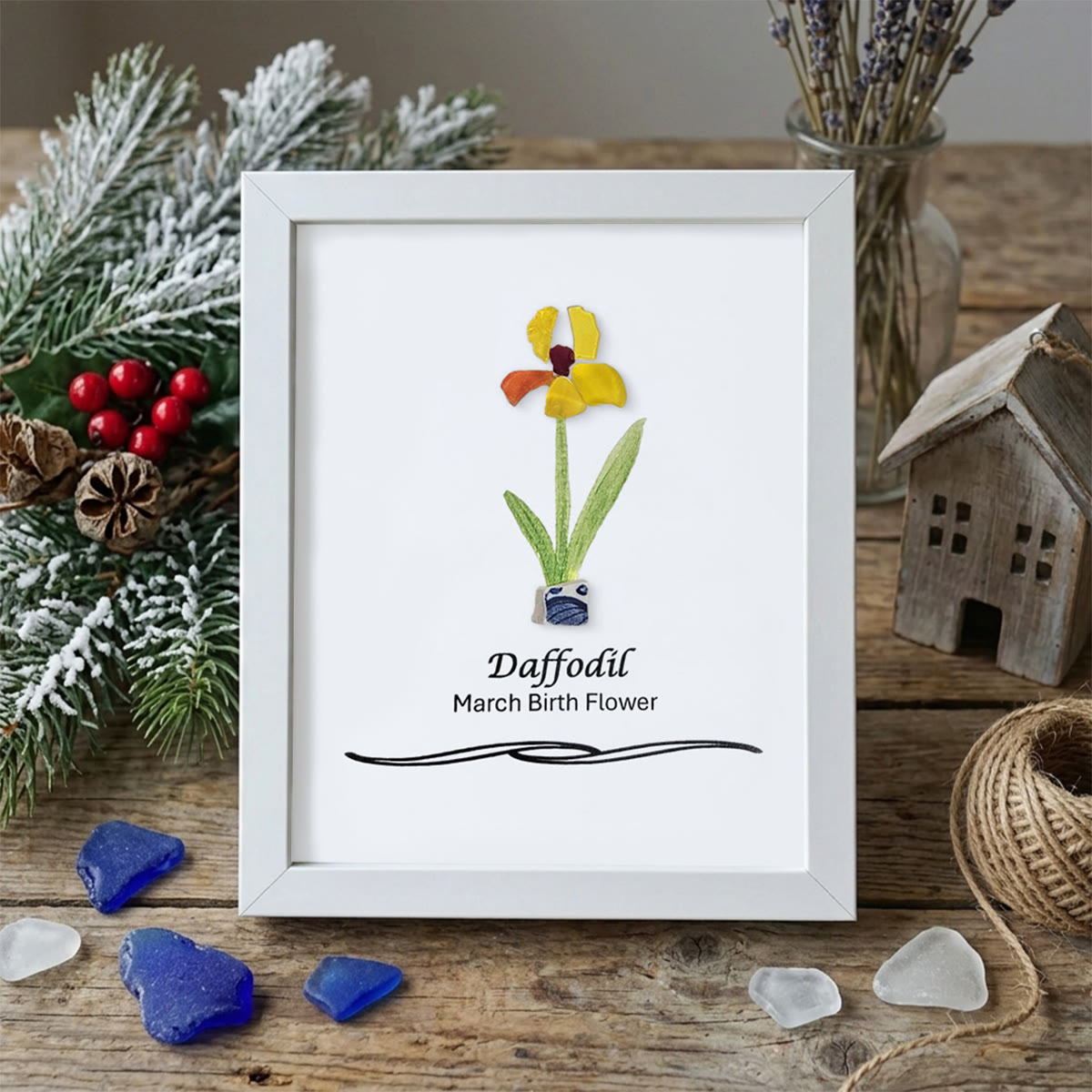 March Birth Flower Daffodil Sea Glass Framed Art - White - 8" X 6" - image 12