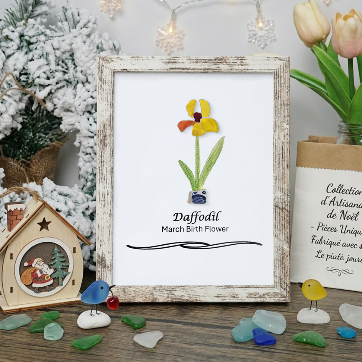 March Birth Flower Daffodil Sea Glass Framed Art - Retro White - 8" X 6" - image 13