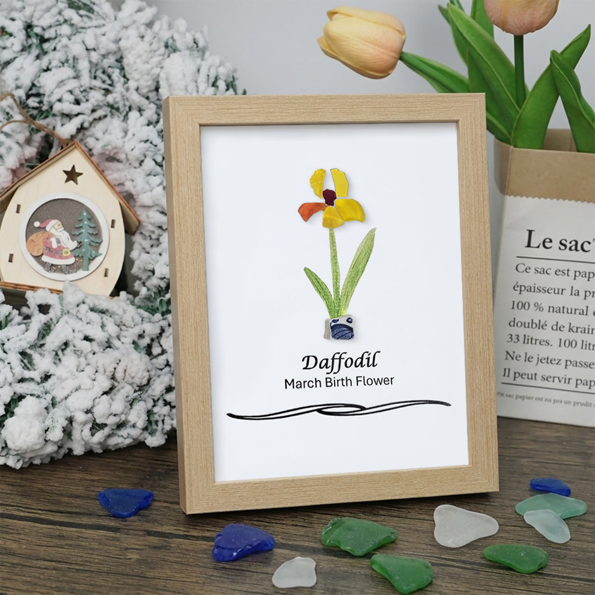 March Birth Flower Daffodil Sea Glass Framed Art - Oak - 8" X 6" - image 9