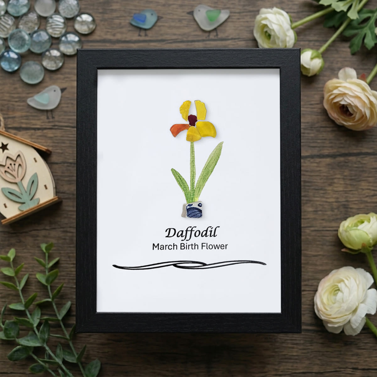 March Birth Flower Daffodil Sea Glass Framed Art - Black - 8" X 6" - image 11
