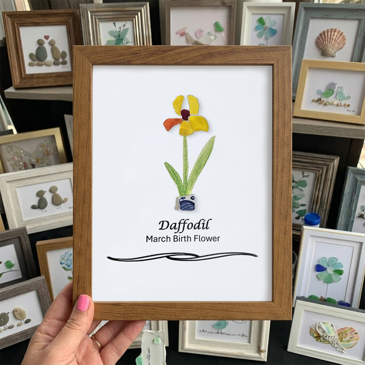 March Birth Flower Daffodil Sea Glass Framed Art - Walnut Brown - 8" X 6" - image 10