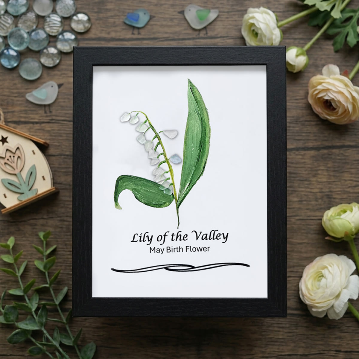 May Birth Flower Lily of the Valley Sea Glass Framed Art - Black - 8" X 6" - image 10