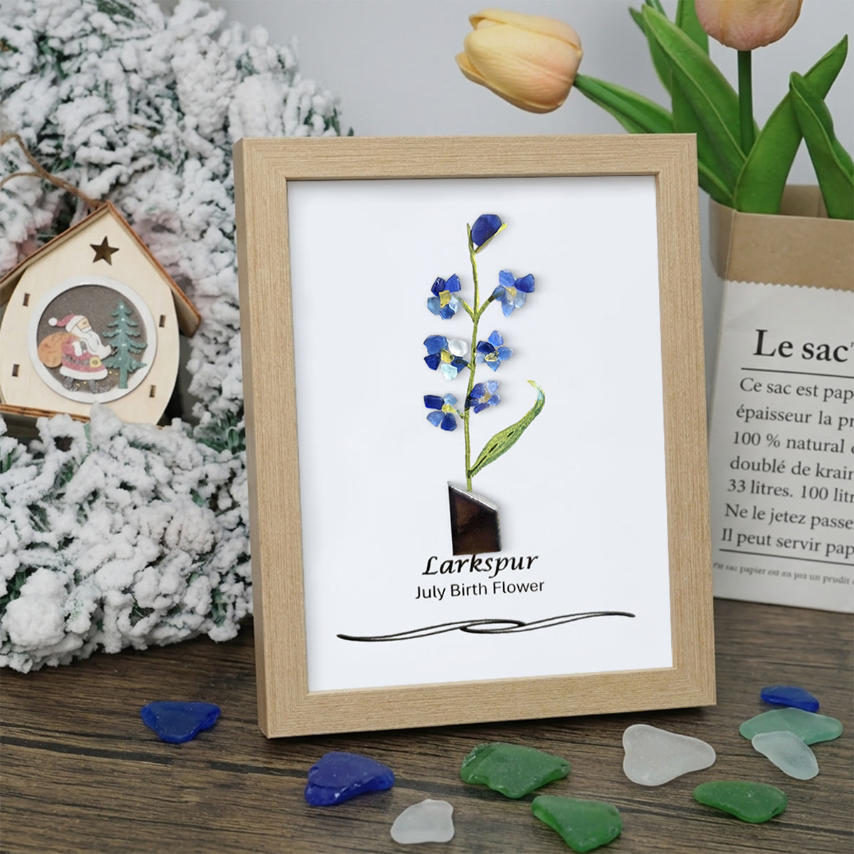 July Birth Flower Larkspur Sea Glass Framed Art - Oak - 8" X 6" - image 8