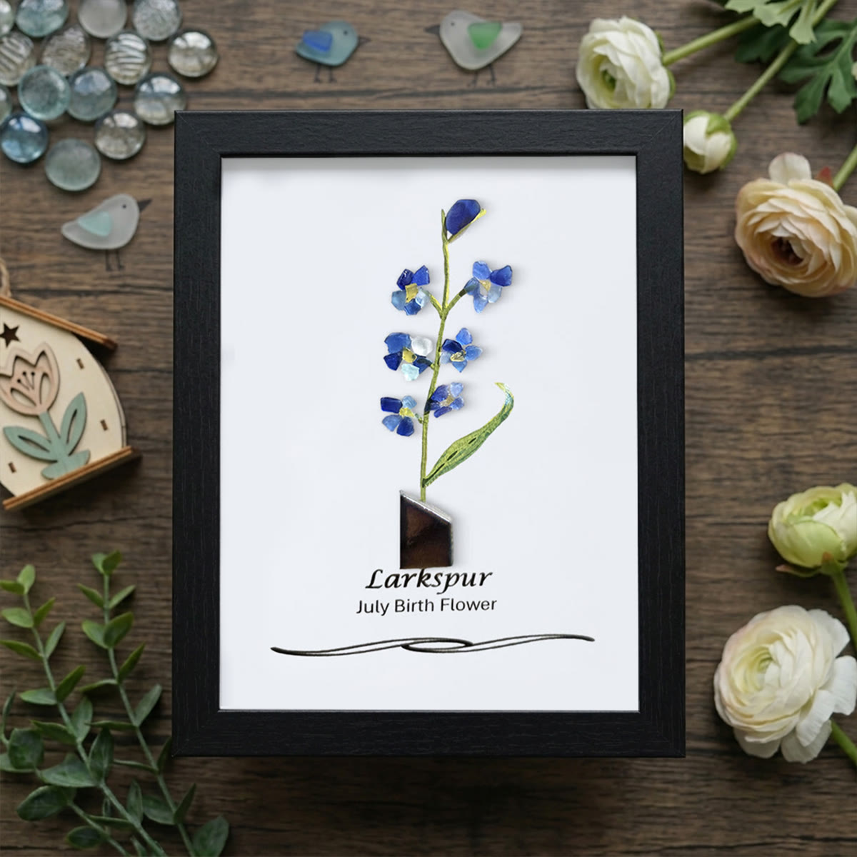 July Birth Flower Larkspur Sea Glass Framed Art - Black - 8" X 6" - image 10