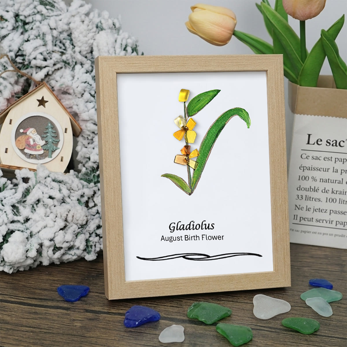 August Birth Flower Gladiolus Sea Glass Framed Art - Oak - 8" X 6" - image 8