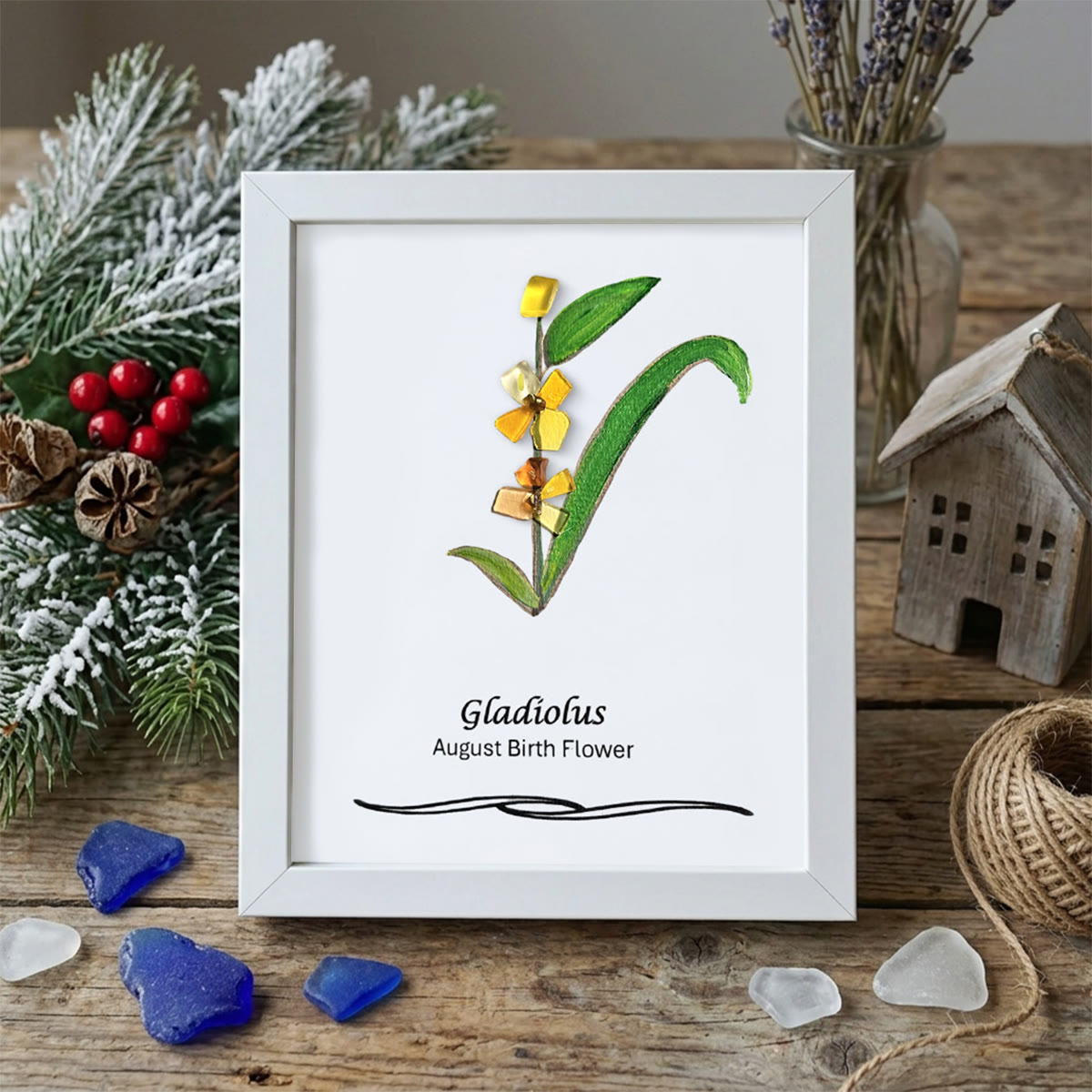 August Birth Flower Gladiolus Sea Glass Framed Art - White - 8" X 6" - image 11