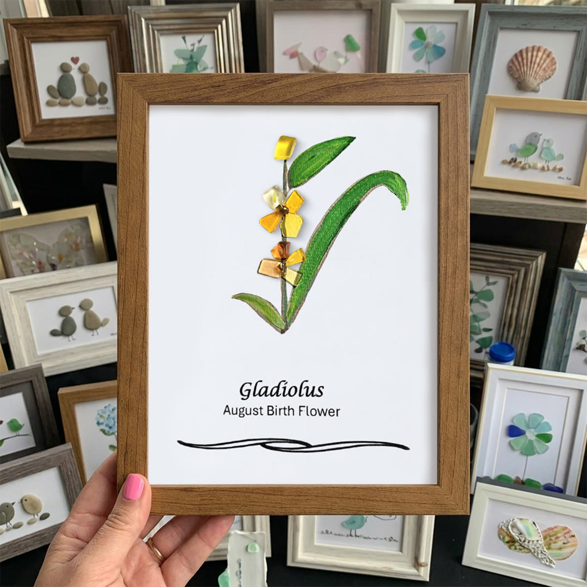 August Birth Flower Gladiolus Sea Glass Framed Art - Walnut Brown - 8" X 6" - image 9