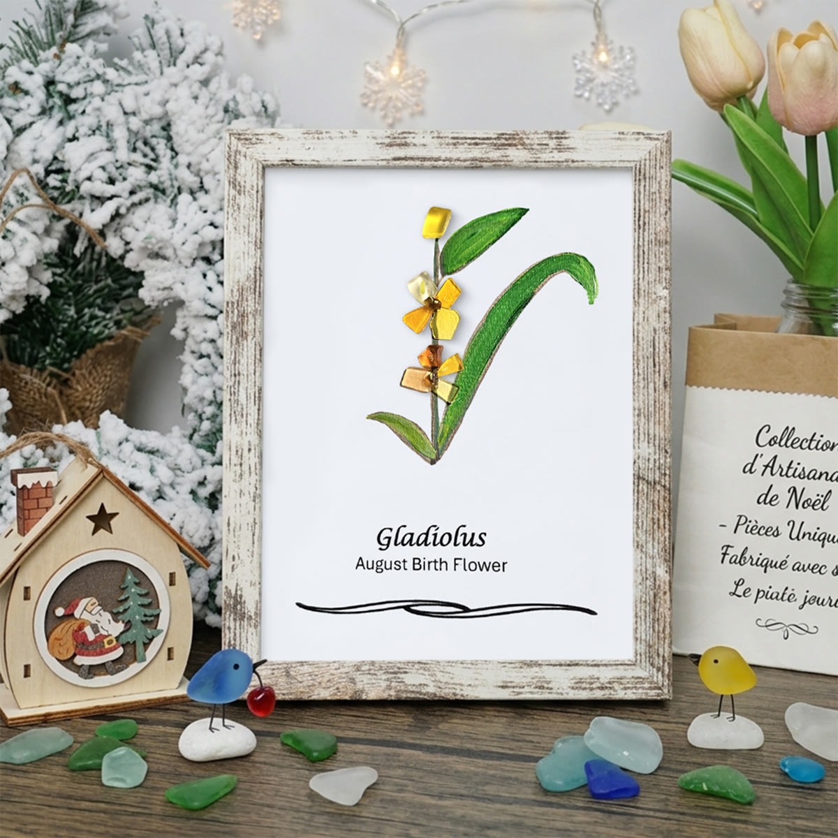 August Birth Flower Gladiolus Sea Glass Framed Art - Retro White - 8" X 6" - image 12
