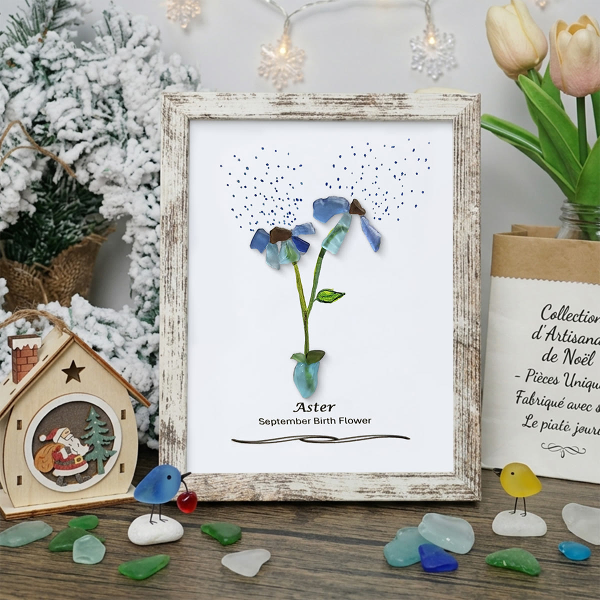 September Birth Flower Aster Sea Glass Framed Art - Retro White - 8" X 6" - image 12
