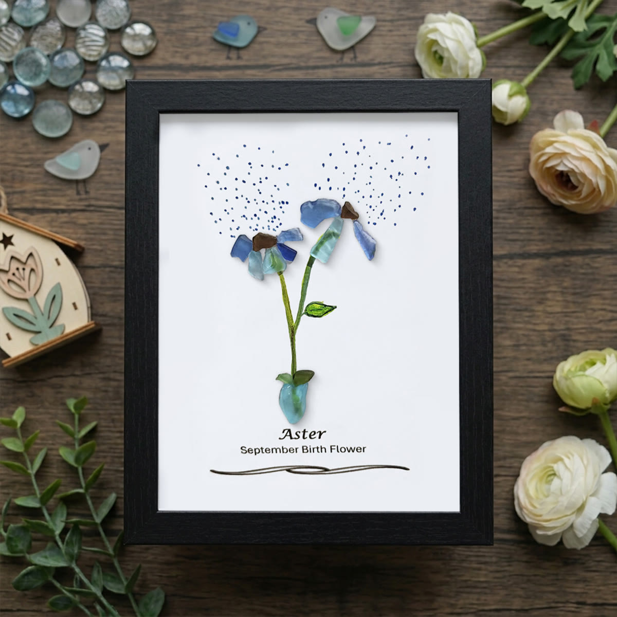 September Birth Flower Aster Sea Glass Framed Art - Black - 8" X 6" - image 10