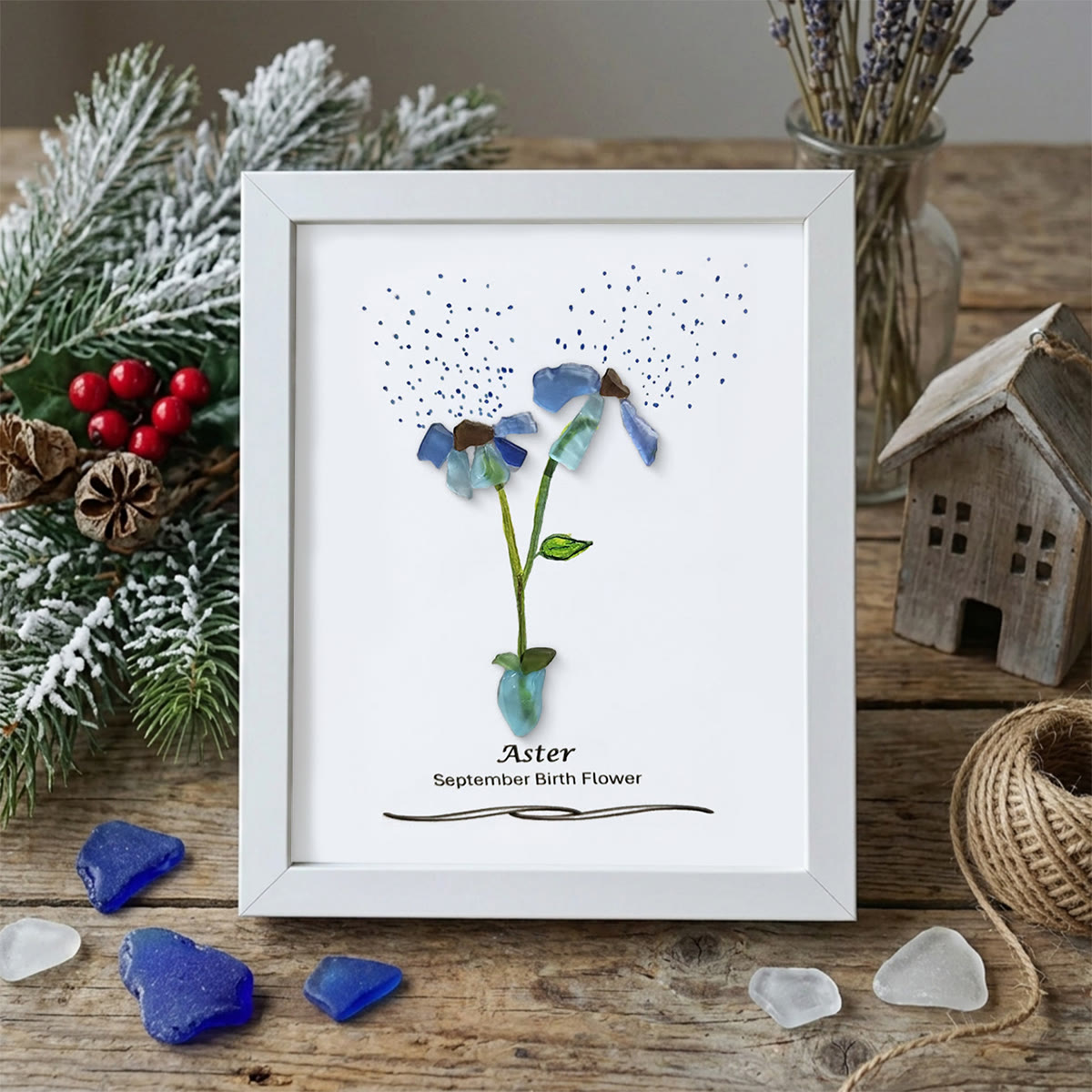 September Birth Flower Aster Sea Glass Framed Art - White - 8" X 6" - image 11