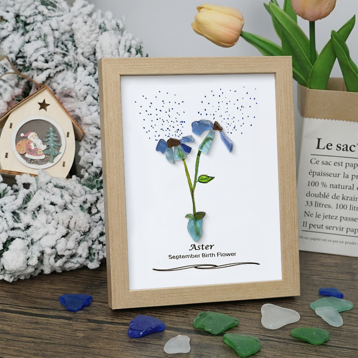 September Birth Flower Aster Sea Glass Framed Art - Oak - 8" X 6" - image 8