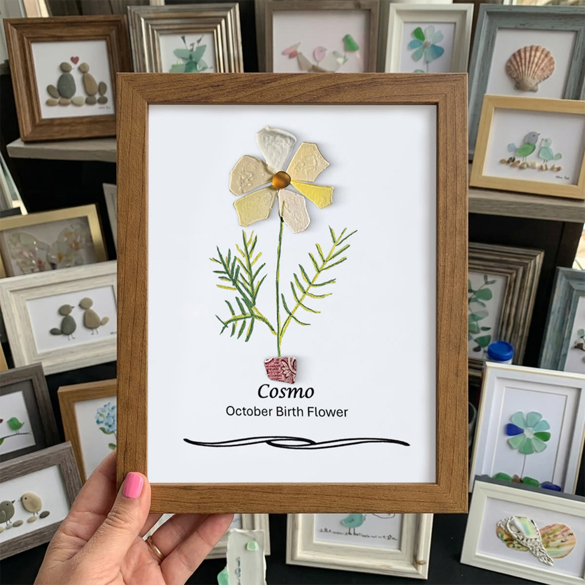 October Birth Flower Cosmo Sea Glass Framed Art - Walnut Brown - 8" X 6" - image 9
