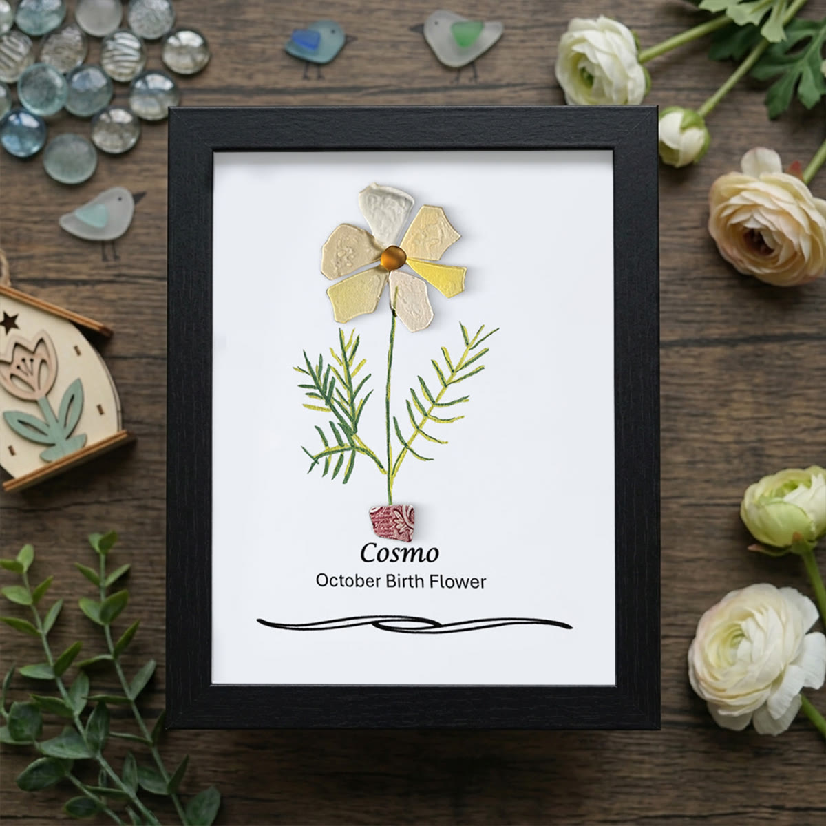 October Birth Flower Cosmo Sea Glass Framed Art - Black - 8" X 6" - image 10