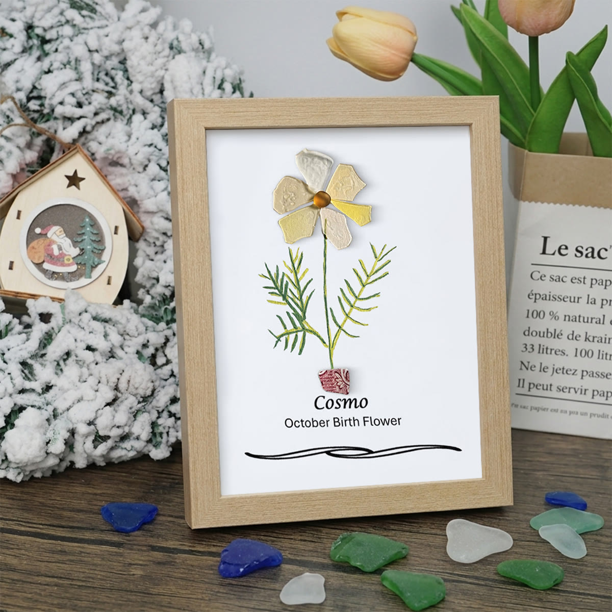 October Birth Flower Cosmo Sea Glass Framed Art - Oak - 8" X 6" - image 8