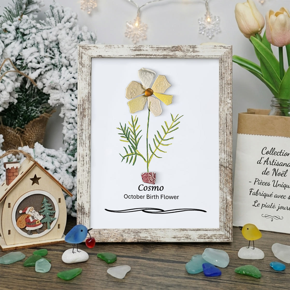 October Birth Flower Cosmo Sea Glass Framed Art - Retro White - 8" X 6" - image 12