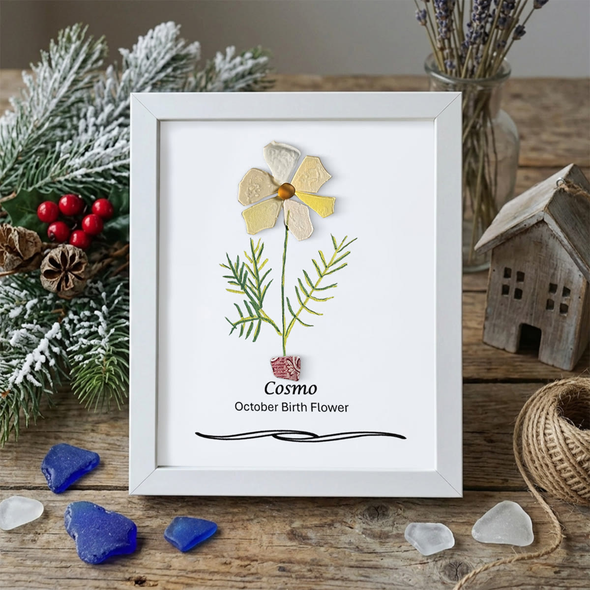 October Birth Flower Cosmo Sea Glass Framed Art - White - 8" X 6" - image 11
