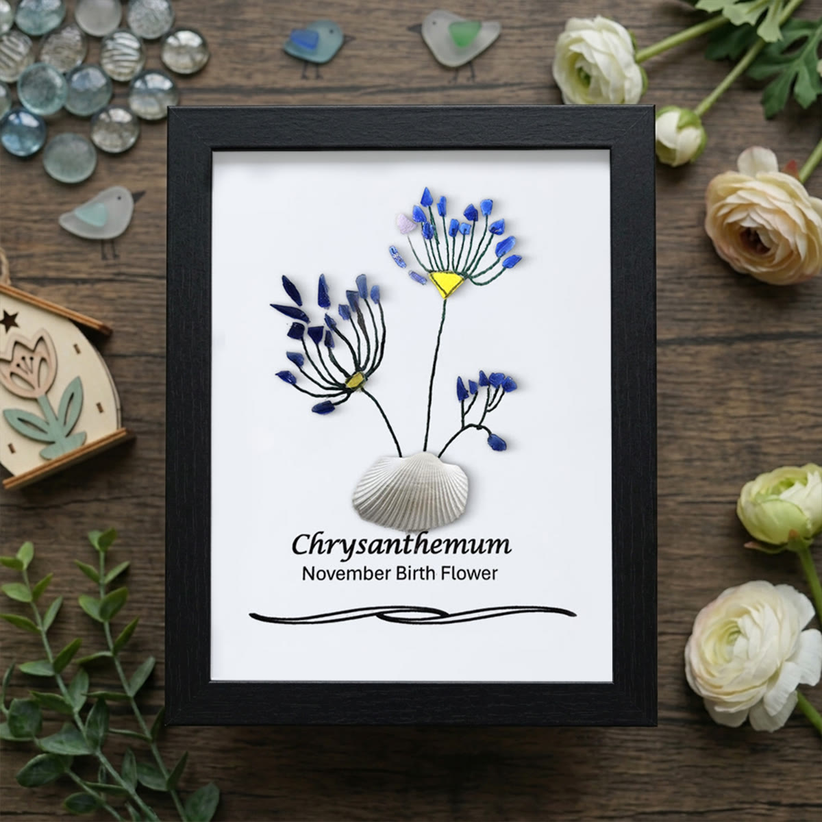 November Birth Flower Chrysanthemum Sea Glass Framed Art - Black - 8" X 6" - image 10