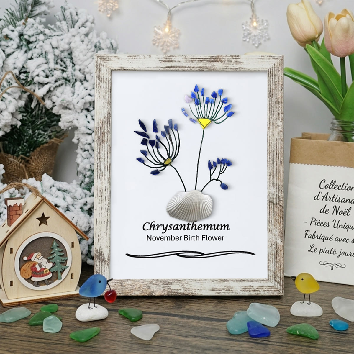 November Birth Flower Chrysanthemum Sea Glass Framed Art - Retro White - 8" X 6" - image 12