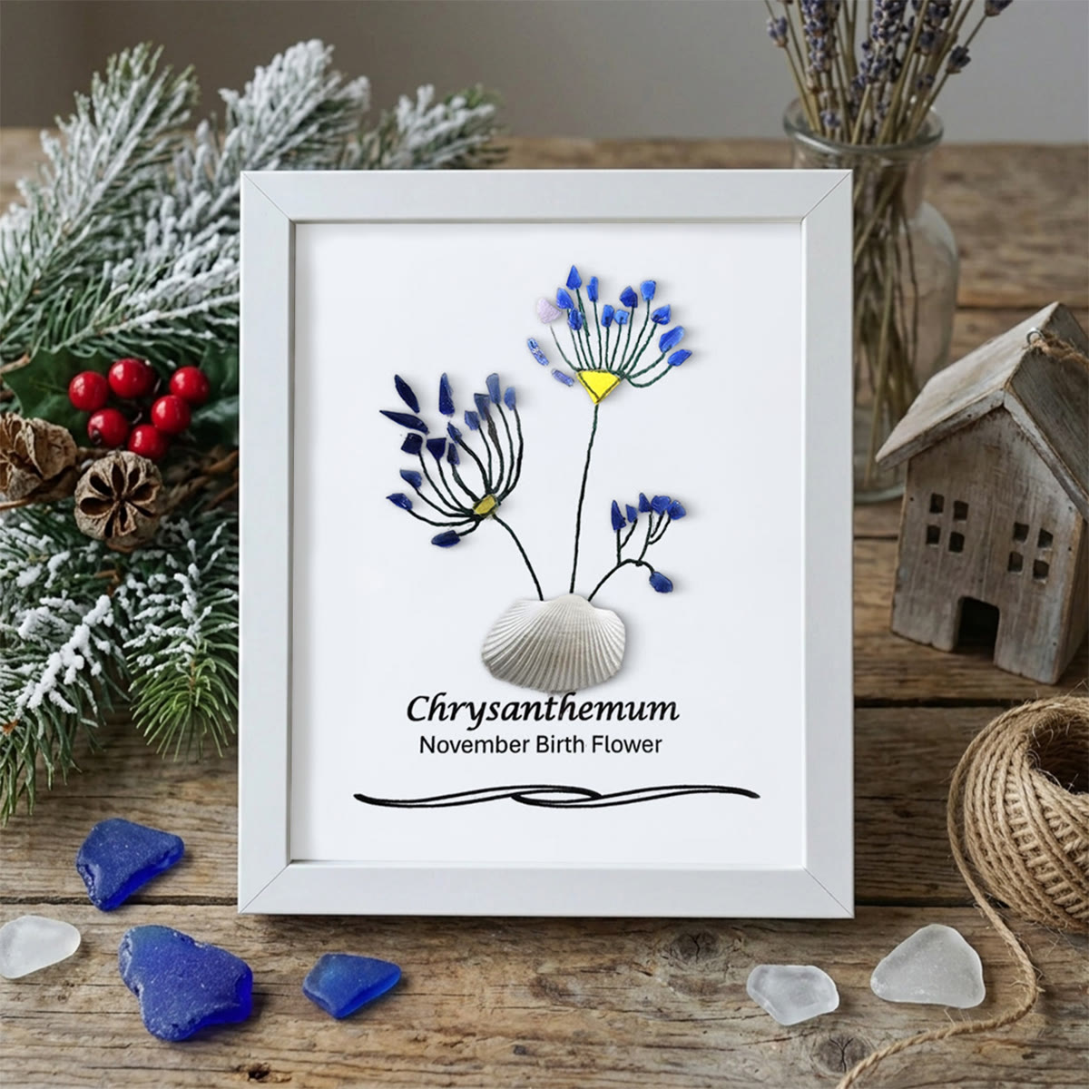November Birth Flower Chrysanthemum Sea Glass Framed Art - White - 8" X 6" - image 11